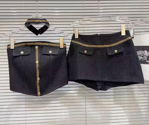 Women Choker Strapless Button Pocket Two Piece Tweed Skirt Set