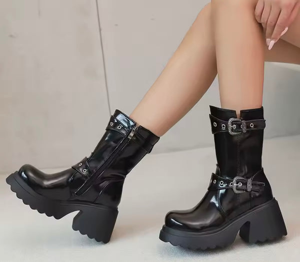 Women Fashion Double Buckle Platform Ankle Boots