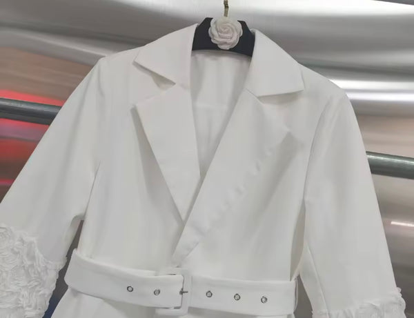 Women White Fashion Floral Sleeve Belted Trench Jacket