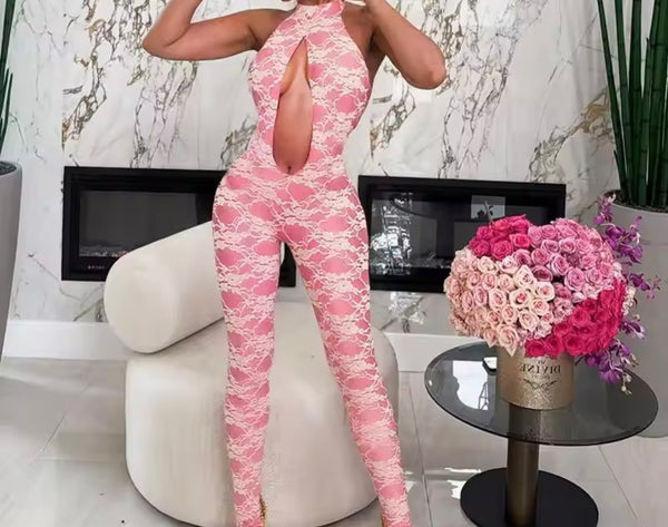 Women Sexy Halter Sleeveless Pink Lace Cut Out Jumpsuit