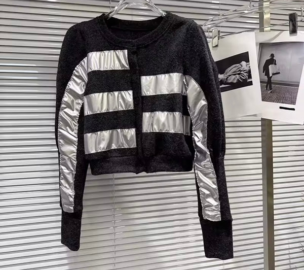 Women Button Up Silver Striped Full Sleeve Two Piece Skirt Set
