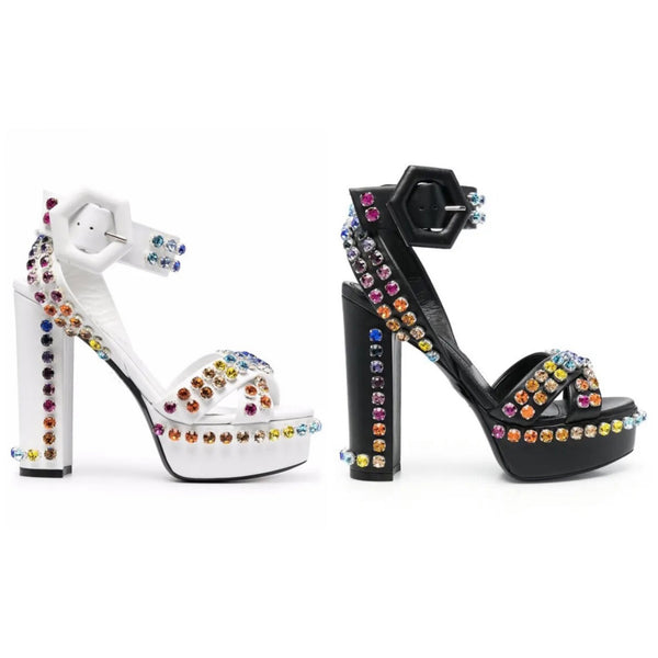 Women Fashion Faux Leather Color Rhinestone Platform Sandals