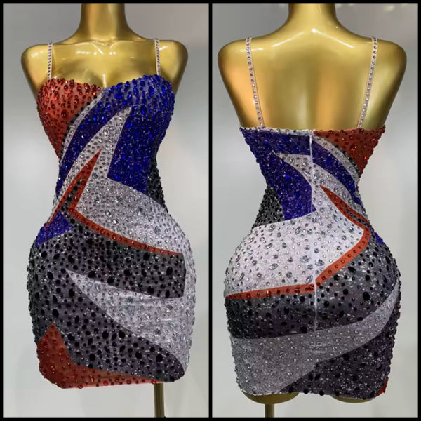 Women Sexy Color Patchwork Rhinestone Sleeveless Dress