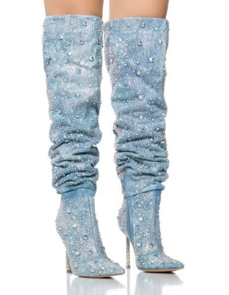 Women Fashion Ruched Bling Rhinestone Knee High Denim Boots