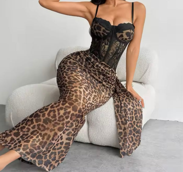 Women Sexy Sleeveless Lace Leopard Mesh Maxi Dress