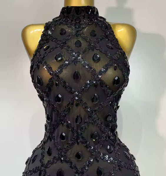 Women Black Sexy Sleeveless Sequins Crystal Mesh Jumpsuit