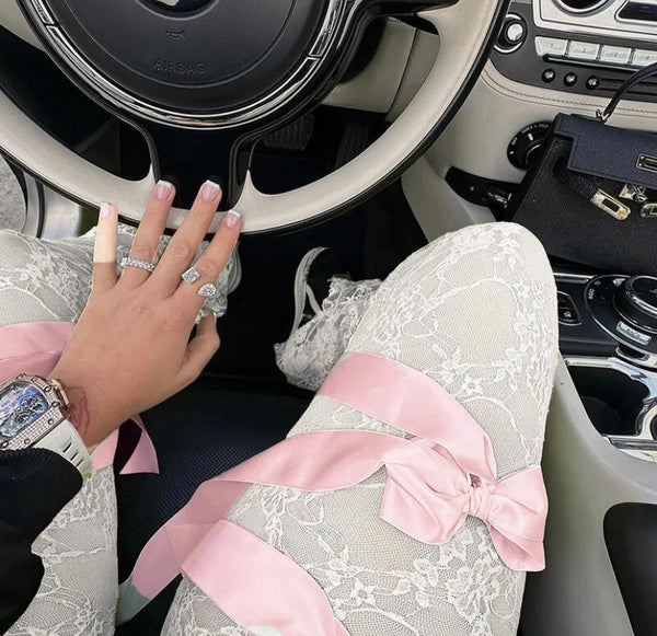 Women Sexy Fashion White Pink Bow Lace Pants