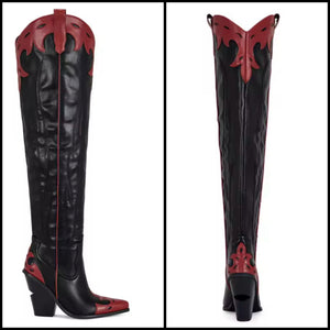 Women Fashion Color Patchwork Over The Knee Western Boots