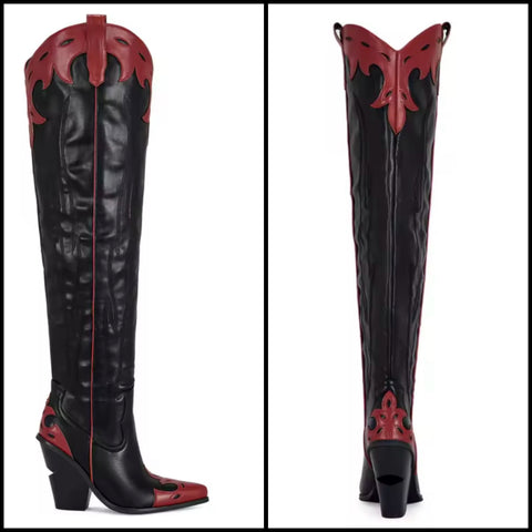 Women Fashion Color Patchwork Over The Knee Western Boots