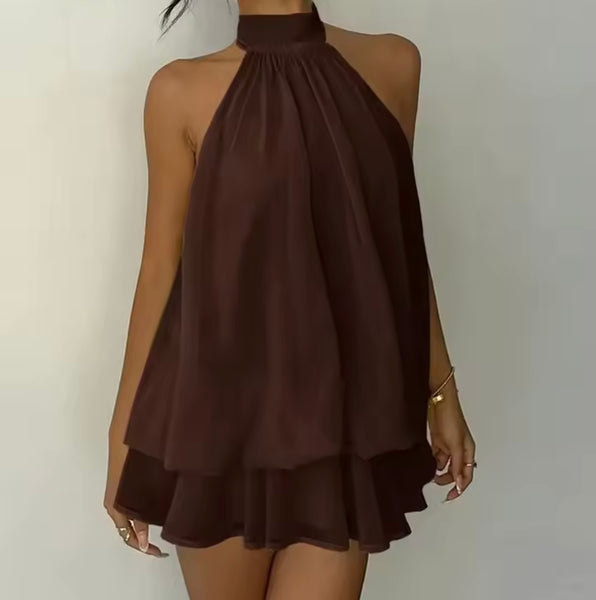 Women Sexy Halter Sleeveless Ruffled Mesh Dress