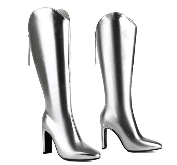 Women Fashion Faux Leather Back Zipper Knee High Boots