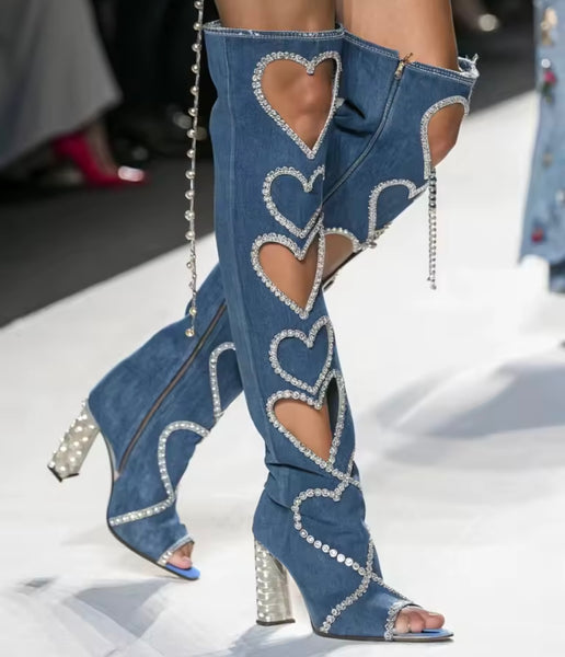 Women Fashion Denim Heart Bling Knee High Boots