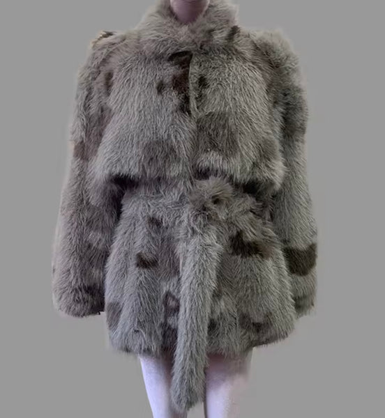 Women Fashion Gray Camouflage Faux Fur Jacket