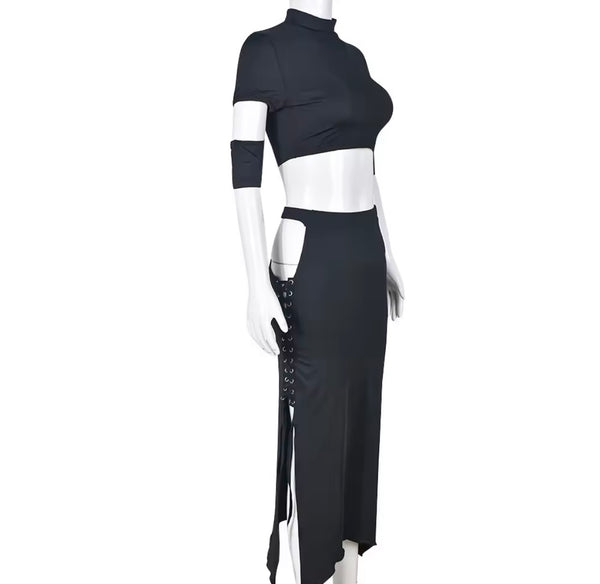 Women Black Sexy Short Sleeve Cut Out Lace Up Two Piece Skirt Set
