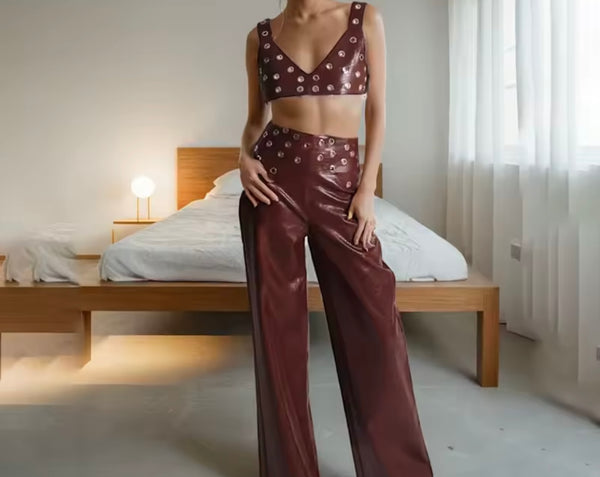 Women Brown Rivet Sleeveless Sexy Two Piece Faux Leather Pant Set
