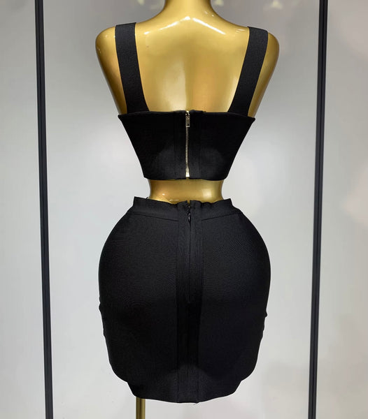 Women Sexy Color Sleeveless Bandage Two Piece Skirt Set