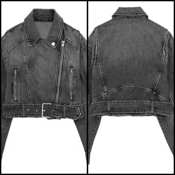 Women Fashion Gray Denim Buckled Zip Up Jacket