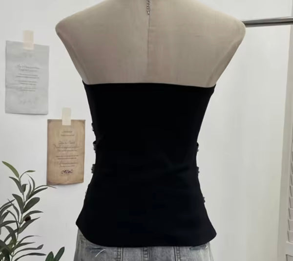 Women Strapless Zip Up Buckled Rivet Corset Top