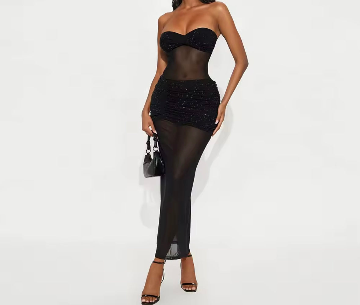 Women Sexy Strapless Sparkly Mesh Maxi Dress