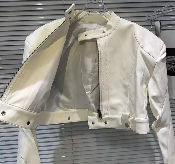 Women Fashion Zip Up Button Faux Leather Jacket