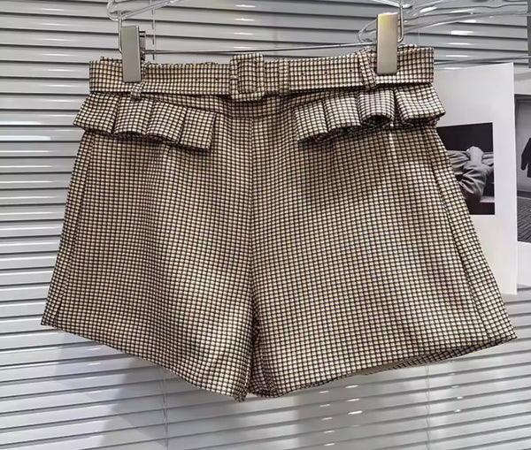 Women Bling Collar Bow Khaki Plaid Two Piece Short Set