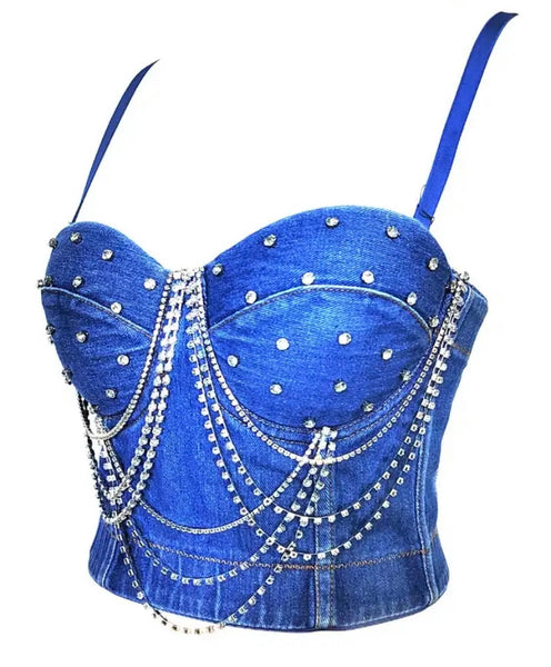 Women Sleeveless Rhinestone Fashion Denim Crop Top