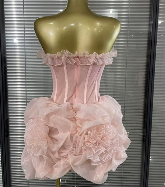 Women Pink Sexy Floral Strapless Mesh Dress