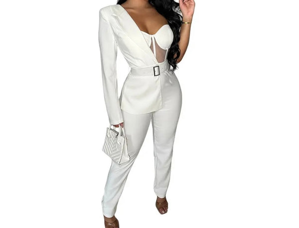 Women Sexy One Shoulder Full Sleeve Mesh Patchwork Blazer Jumpsuit