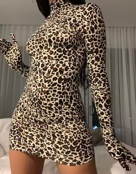 Women Sexy Color Leopard Glove Full Sleeve Dress