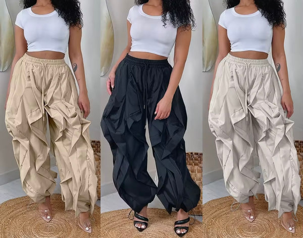 Women Color Fashion Ruffled Drawstring Pants