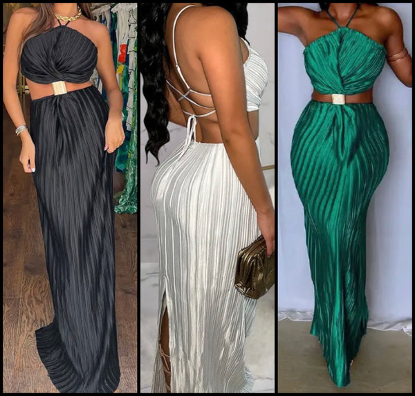 Women Sexy Halter Sleeveless Open Back Pleated Maxi Dress