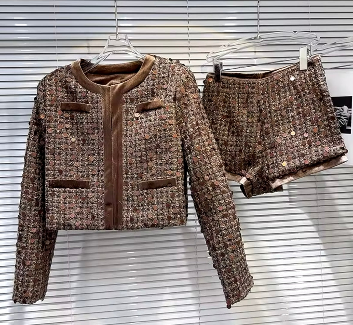 Women Color Full Sleeve Tweed Two Piece Short Set