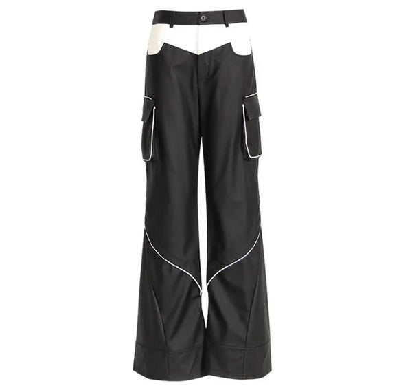 Women Fashion B&W Faux Leather Cargo Pants