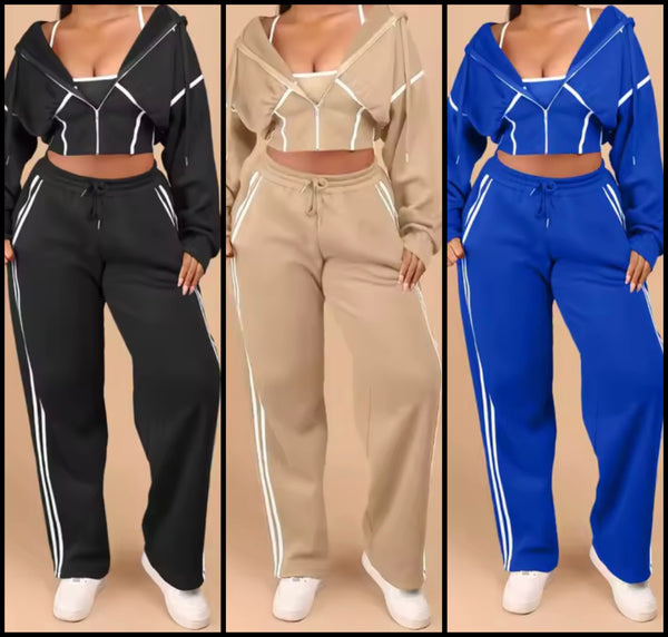 Women Fashion Striped Hooded Two Piece Tracksuit Pant Set