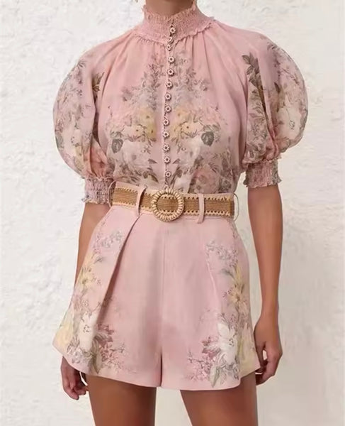 Women Fashion Button Up Floral Short Sleeve Two Piece Short Set