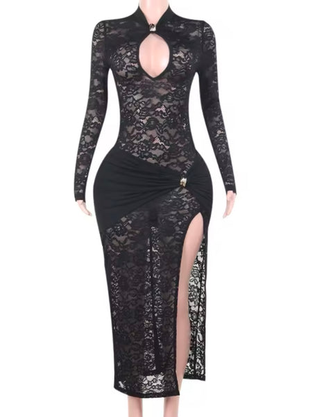 Women Sexy Black Lace Cut Out Full Sleeve Side Split Maxi Dress