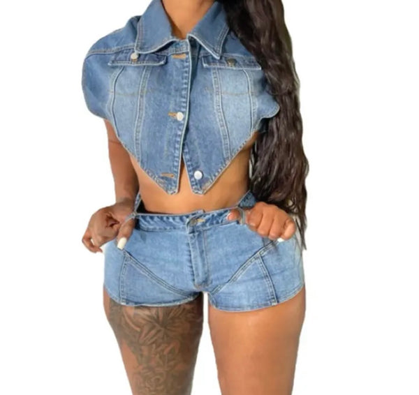 Women Sexy Fashion Denim Two Piece Short Set