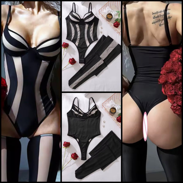 Women Sexy Sleeveless Black Mesh Patchwork Bodysuit Lingerie Set