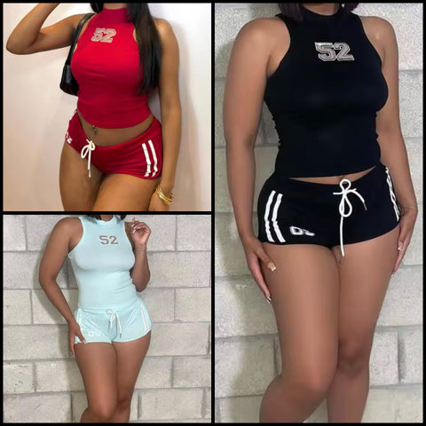 Women Sleeveless Number Print Fashion Striped Two Piece Short Set