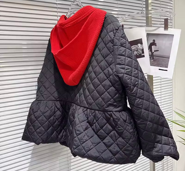 Women Quilted Fashion Hooded Jacket Two Piece Skirt Set