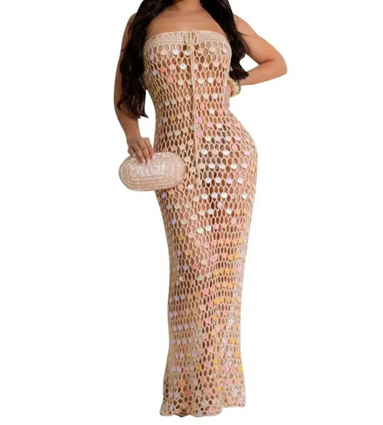 Women Sexy Strapless See Through Maxi Dress