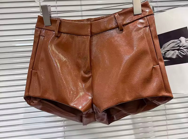 Women Color Fashion PU Shorts