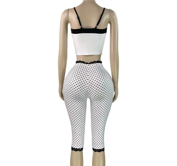 Women Sleeveless B&W Polka Dot Crop Tank Two Piece Capri Pant Set