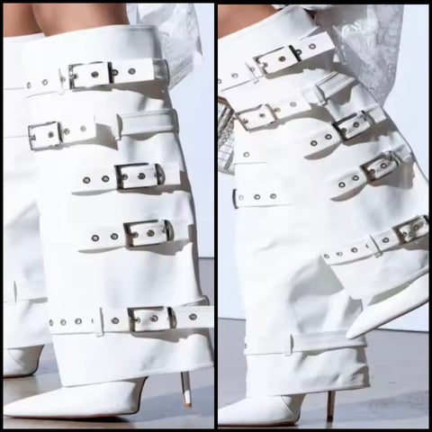 Women White Pointed Toe Buckled Fashion Knee High Boots