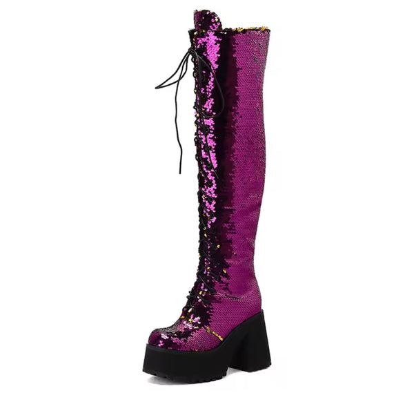 Women Fashion Platform Sequins Lace Up Knee High Boots