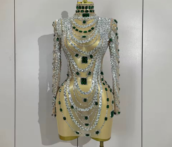 Women Sexy Crystal Rhinestone Mesh Full Sleeve Dress