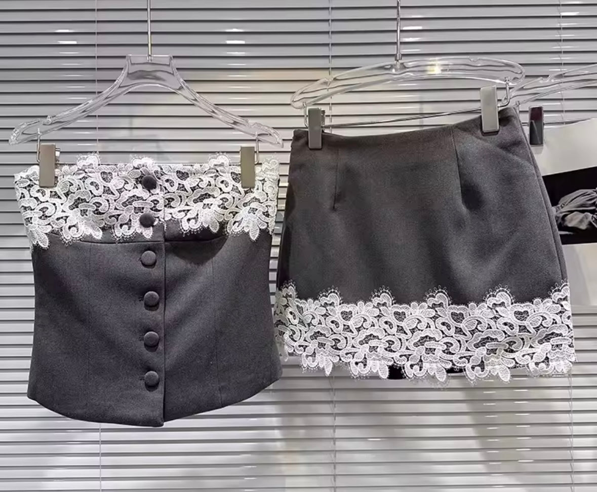 Women Strapless Button Up Lace Patchwork Two Piece Skirt Set