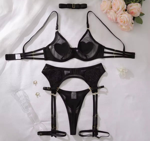 Women Sexy Black Sparkling Heart Mesh Lingerie Set
