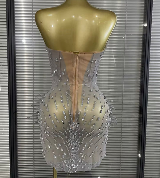 Women Sexy Strapless Silver Rhinestone Mesh Dress