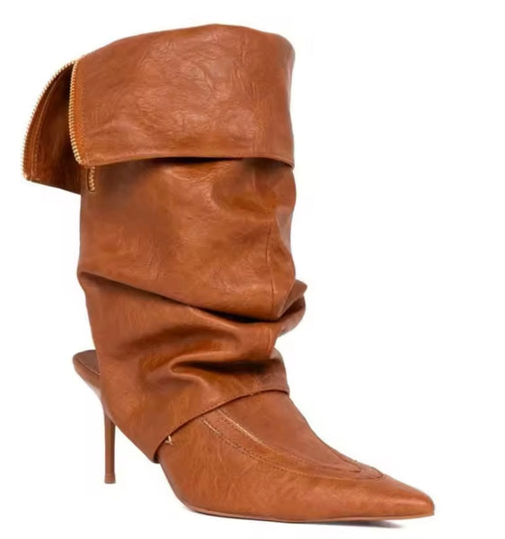 Women Fashion Pointed Toe Zipper Ruche Ankle Boots